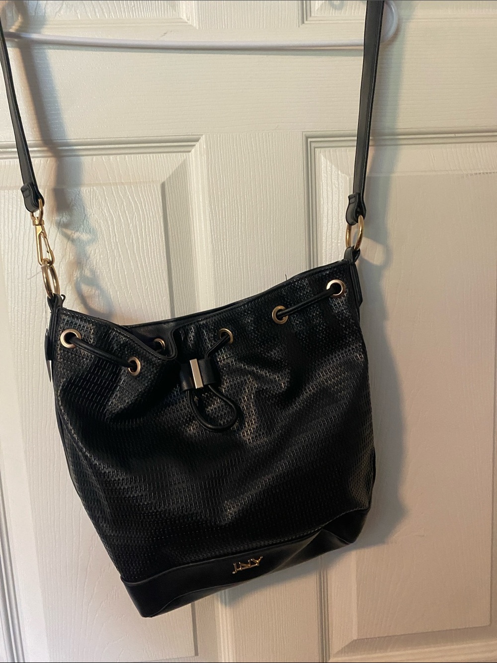 Jones New York Black Textured Drawstring Bucket Shoulder Bag with Gold Hardware